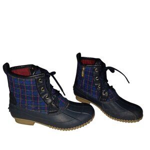 Tommy Hilfiger Womens Size 7 Navy Plaid Rain Duck Booties Textile Lace Up Shoes